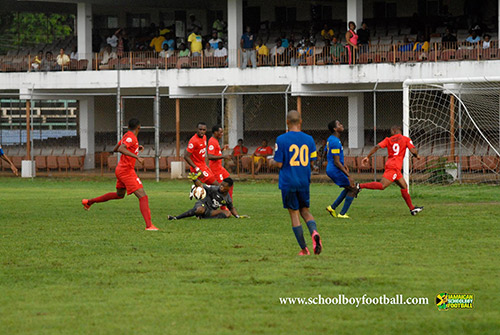 Glenmuir Goalkeeper Paul Beckford secures the ball in their 3-2 loss to Ruseas