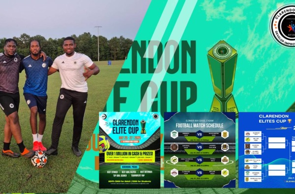 Ruel Rawlins, left, Anthony Baker center founder of CLARENDON ELITES SPORTS PROGRAM, and AJR SPORTING GOODS, and Keithy Simpson right former Jamaica National and Waterhouse FC player, and Brand Manager